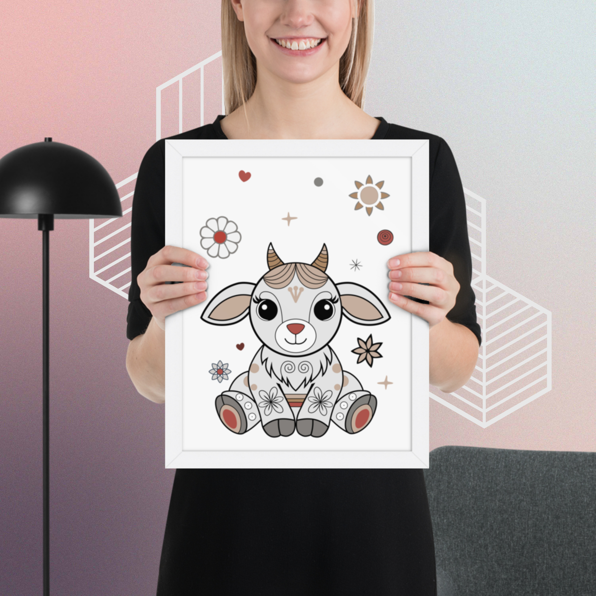 goat, plush, cute, cartoon, toy, soft, baby, horns, folk style, floral, decorative, neutral colors, heart, stars, kids, children, cozy, embroidery, illustration, print, animal, vector, farm, fun, funny, comic, art, pet, happy, animals, smile, white