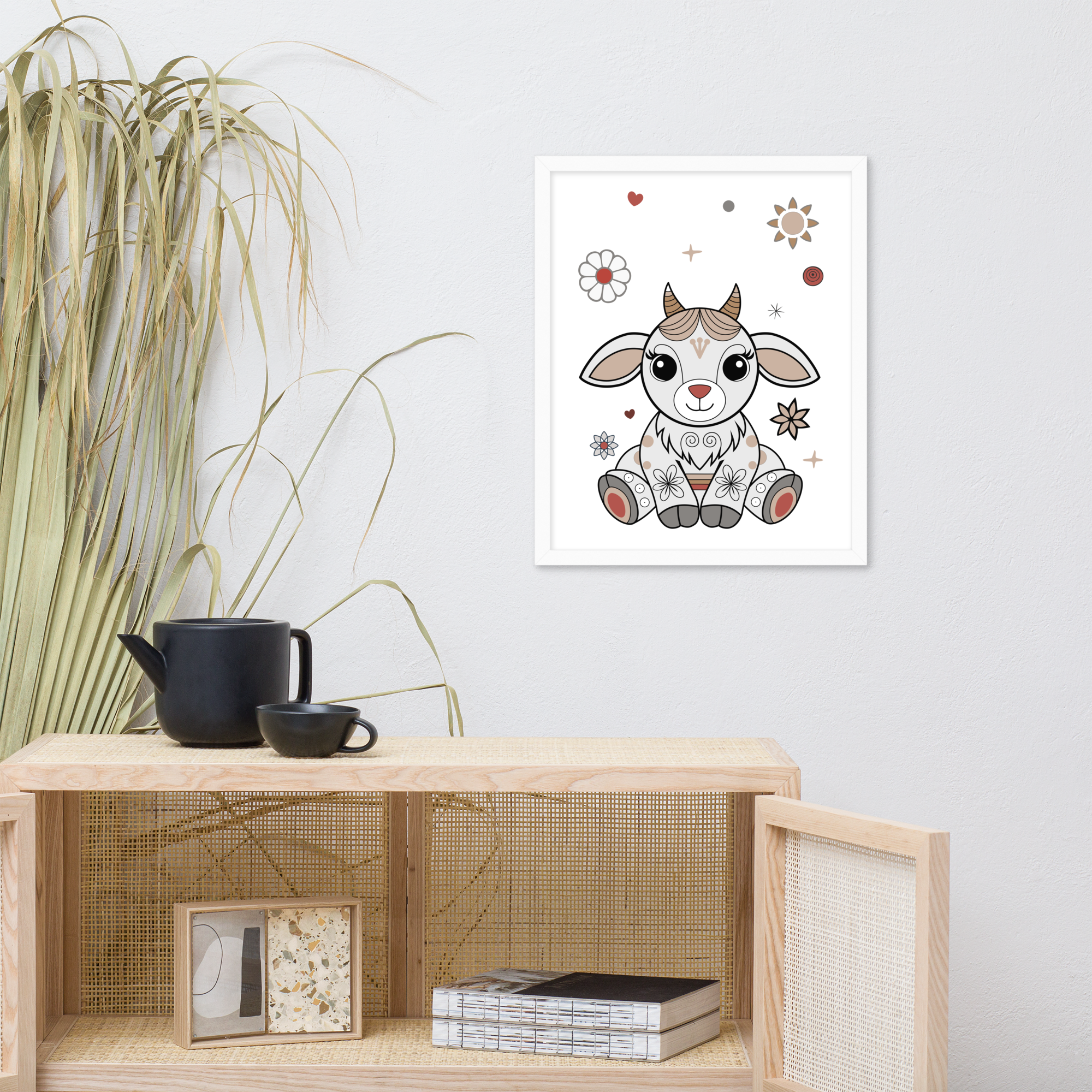 goat, plush, cute, cartoon, toy, soft, baby, horns, folk style, floral, decorative, neutral colors, heart, stars, kids, children, cozy, embroidery, illustration, print, animal, vector, farm, fun, funny, comic, art, pet, happy, animals, smile, white