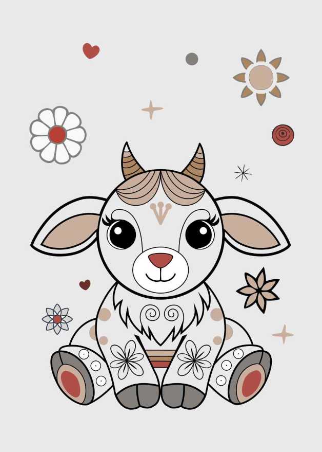goat, plush, cute, cartoon, toy, soft, baby, horns, folk style, floral, decorative, neutral colors, heart, stars, kids, children, cozy, embroidery, illustration, print, animal, vector, farm, fun, funny, comic, art, pet, happy, animals, smile, white