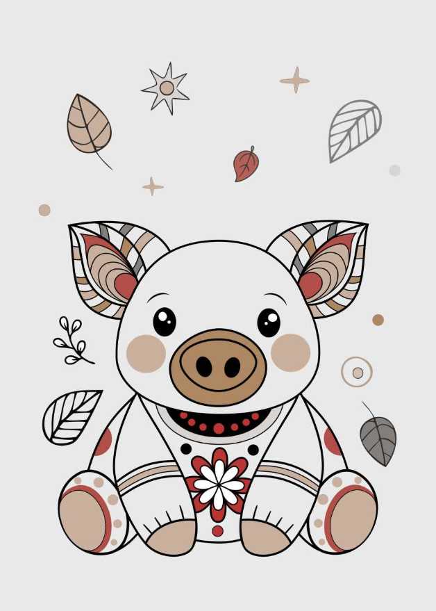 piggy, pig, toy, plush, baby, cute, snout, ears, flowers, pattern, ornament, cartoon, drawing, sticker, decor, animal, soft, vector, sweet, beige, print, kind, style, art, toddler