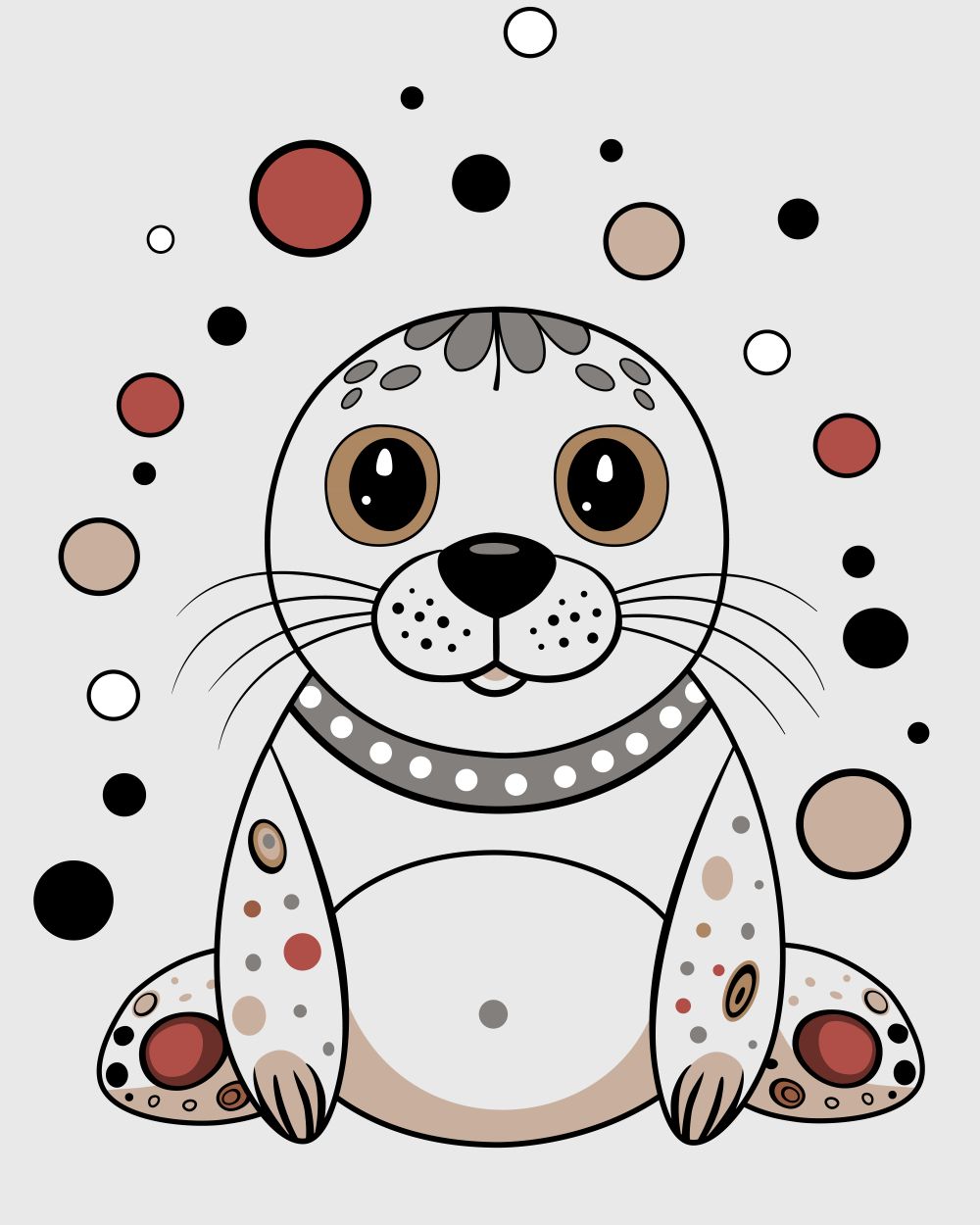 adorable, animal, art, baby, background, cartoon, character, child, cute, design, doodle, drawing, drawn, element, fun, funny, graphic, happy, icon, illustration, isolated, kid, nature, pet, print, sea, sketch, white, wild, wildlife, seal, plush, toy, baby animal, dots, spots, gray background, sea theme, soft, cozy, warm colors, decoration, big eyes, pastel, vector, love, kitten, mascot